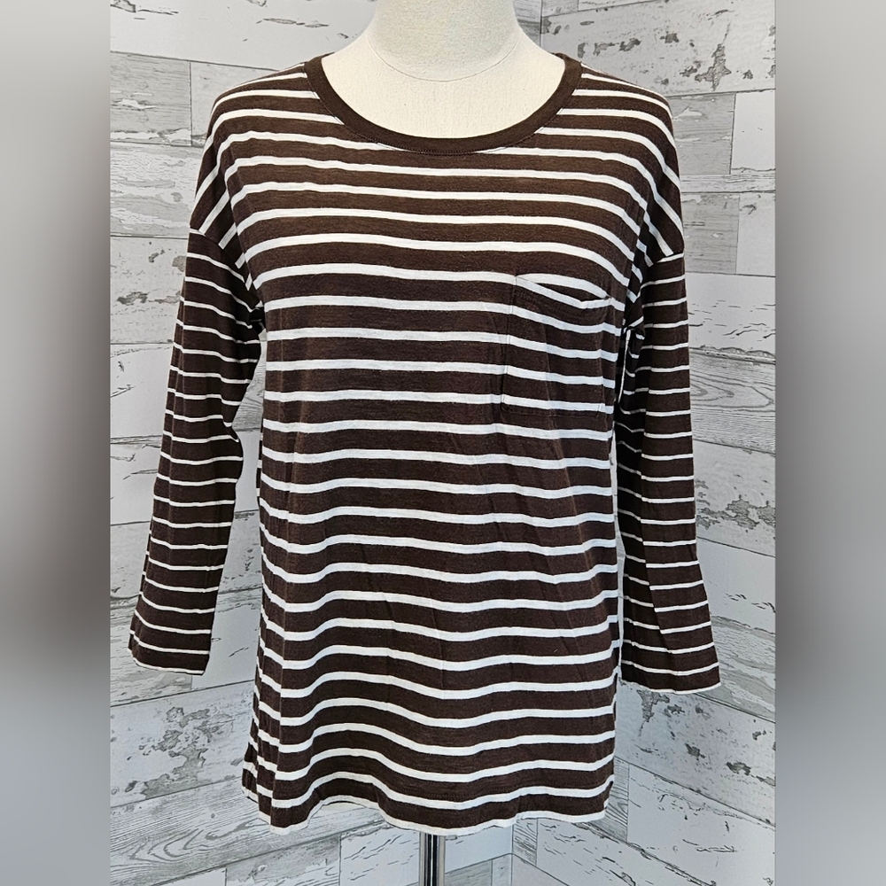 Vince Womens Cotton Tee Xsmall Brown Striped 3/4 Sleene Lightweight